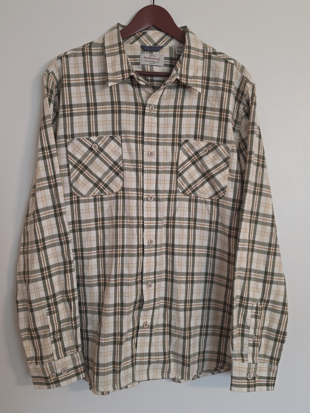 NWOT - Men's Plaid Button-Up Shirt in Beige & Olive - Weatherproof Vintage